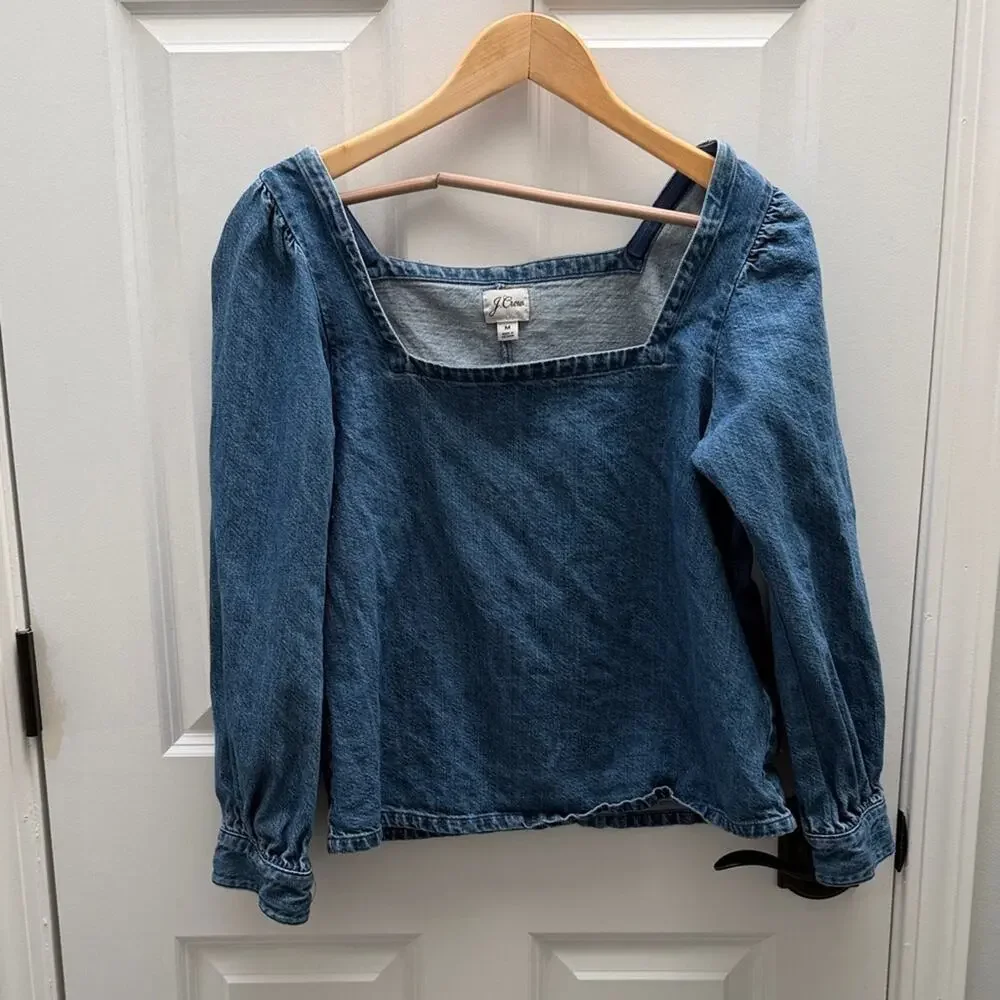 J. Crew Medium Blue Denim Square-Neck 3/4 Sleeve Blouse Size M